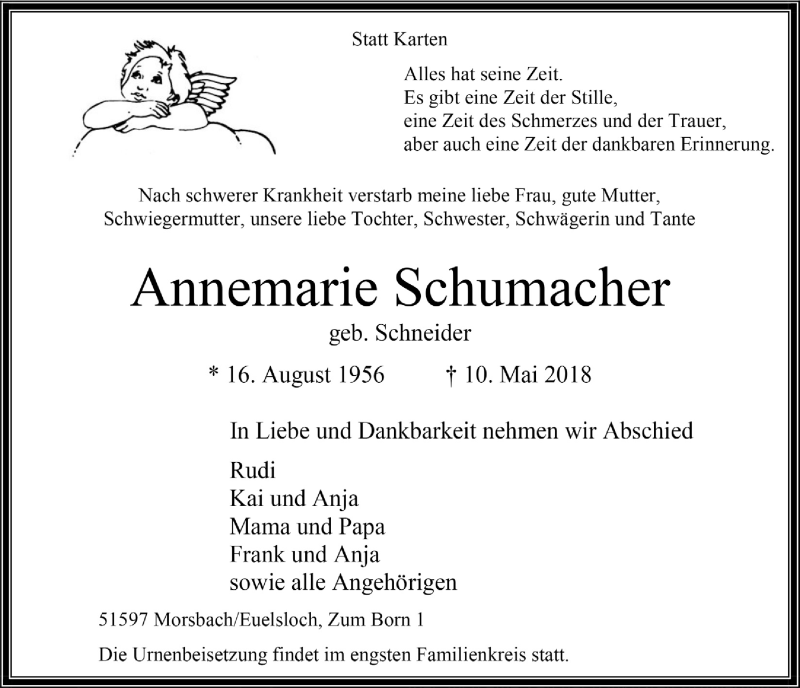  Traueranzeige für Annemarie Schumacher vom 16.05.2018 aus  Lokalanzeiger 