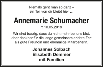 Anzeige von Annemarie Schumacher von  Lokalanzeiger 
