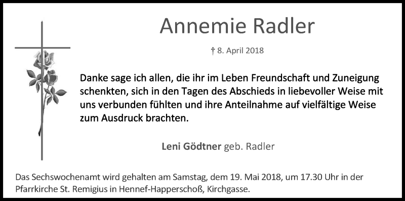  Traueranzeige für Annemie Radler vom 12.05.2018 aus Kölner Stadt-Anzeiger / Kölnische Rundschau / Express