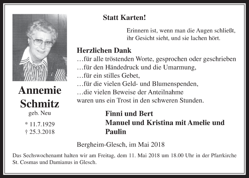  Traueranzeige für Annemie Schmitz vom 02.05.2018 aus  Werbepost 