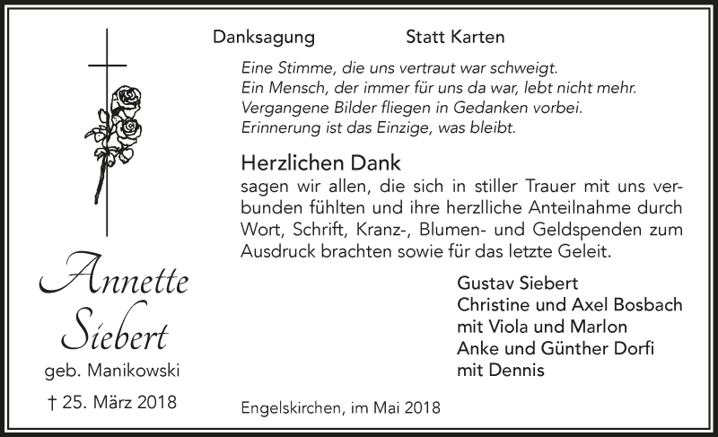  Traueranzeige für Annette Siebert vom 16.05.2018 aus  Anzeigen Echo 