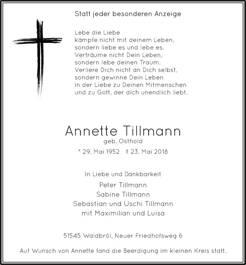  Traueranzeige für Annette Tillmann vom 30.05.2018 aus  Lokalanzeiger 