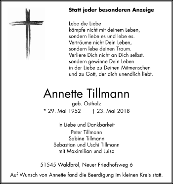 Anzeige von Annette Tillmann von Kölner Stadt-Anzeiger / Kölnische Rundschau / Express