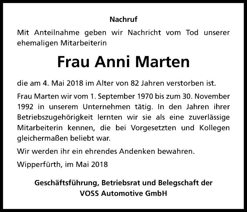  Traueranzeige für Anni Marten vom 15.05.2018 aus Kölner Stadt-Anzeiger / Kölnische Rundschau / Express