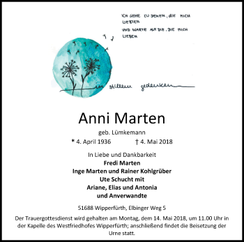 Anzeige von Anni Marten von Kölner Stadt-Anzeiger / Kölnische Rundschau / Express