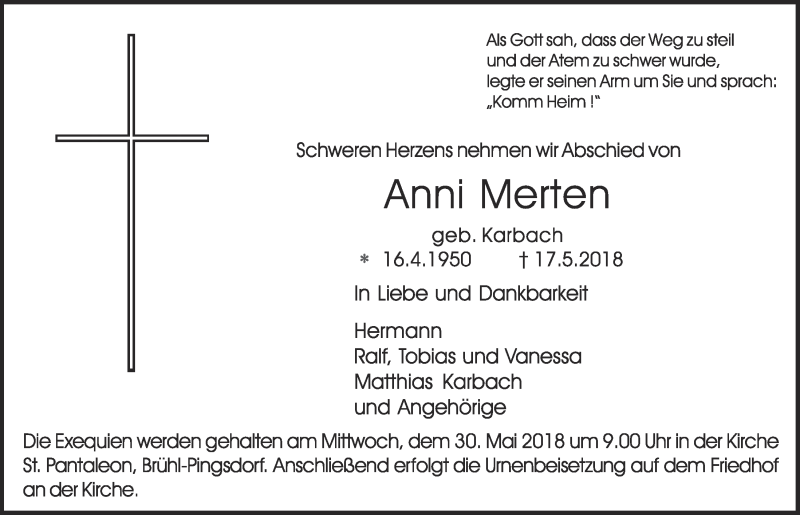  Traueranzeige für Anni Merten vom 23.05.2018 aus  Schlossbote/Werbekurier 
