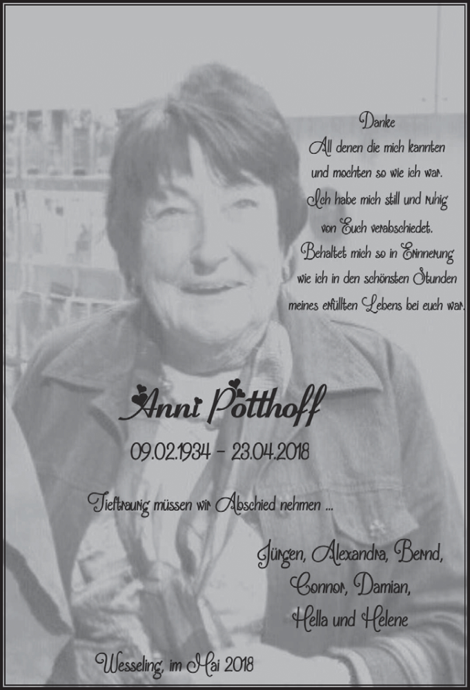  Traueranzeige für Anni Potthoff vom 23.05.2018 aus  Schlossbote/Werbekurier 