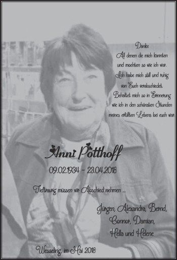 Anzeige von Anni Potthoff von  Schlossbote/Werbekurier 