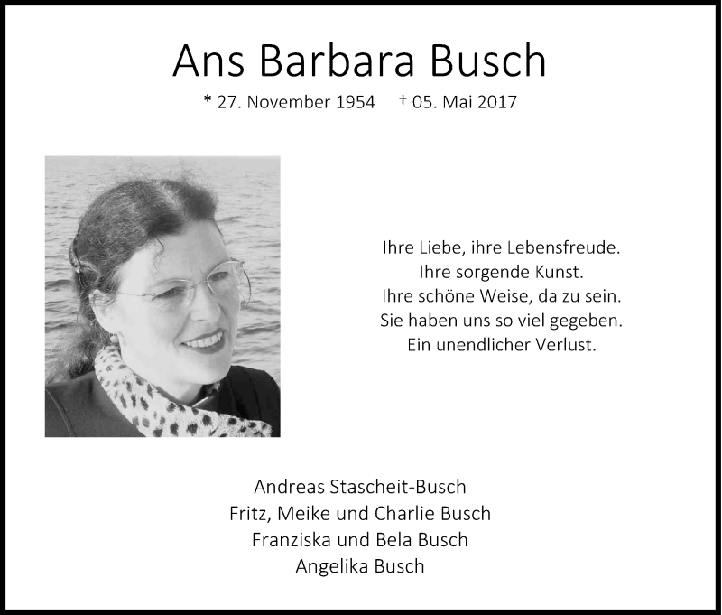  Traueranzeige für Ans Barbara Busch vom 05.05.2018 aus Kölner Stadt-Anzeiger / Kölnische Rundschau / Express