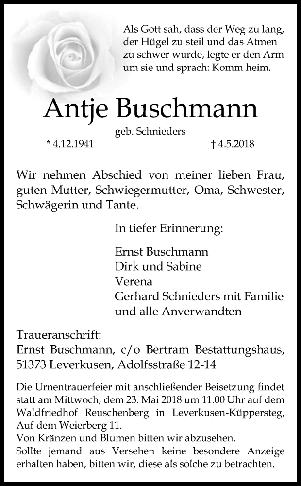  Traueranzeige für Antje Buschmann vom 19.05.2018 aus Kölner Stadt-Anzeiger / Kölnische Rundschau / Express