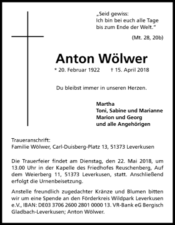 Anzeige von Anton Wölwer von Kölner Stadt-Anzeiger / Kölnische Rundschau / Express