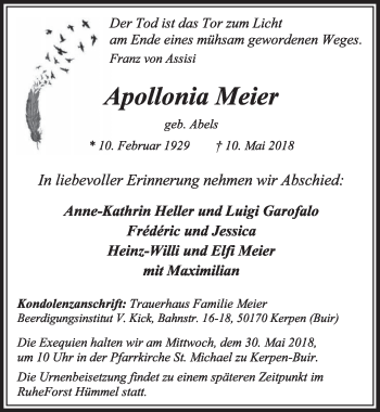 Anzeige von Apollonia Meier von  Sonntags-Post 