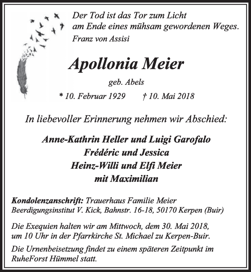  Traueranzeige für Apollonia Meier vom 26.05.2018 aus  Sonntags-Post 