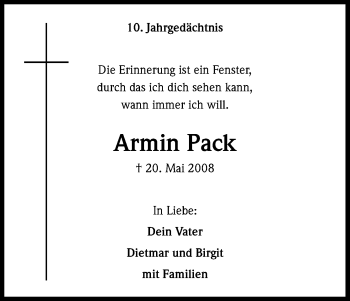 Anzeige von Armin Pack von Kölner Stadt-Anzeiger / Kölnische Rundschau / Express