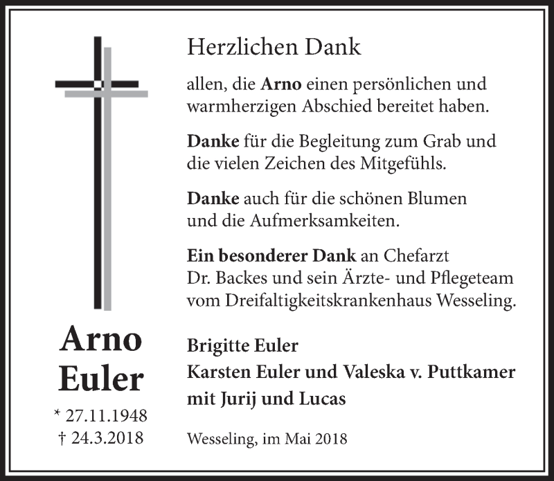  Traueranzeige für Arno Euler vom 09.05.2018 aus  Schlossbote/Werbekurier 