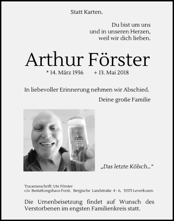 Anzeige von Arthur Förster von Kölner Stadt-Anzeiger / Kölnische Rundschau / Express