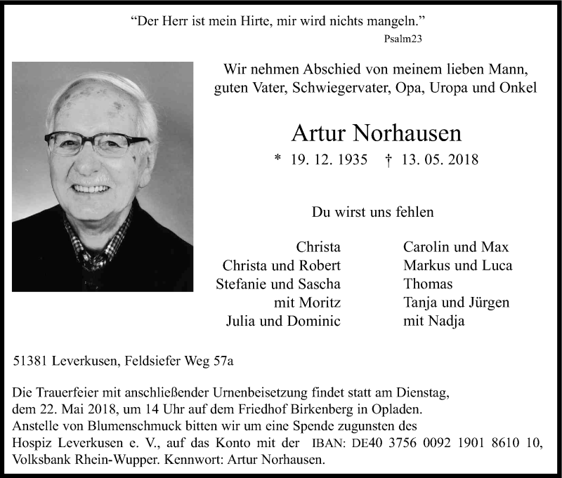  Traueranzeige für Artur Norhausen vom 19.05.2018 aus Kölner Stadt-Anzeiger / Kölnische Rundschau / Express