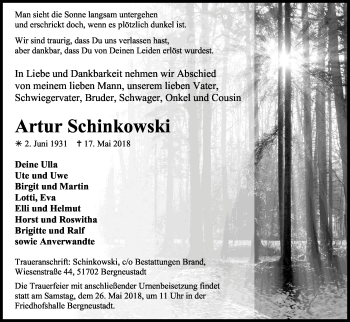 Anzeige von Artur Schinkowski von Kölner Stadt-Anzeiger / Kölnische Rundschau / Express