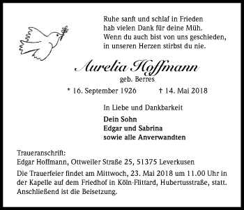 Anzeige von Aurelia Hoffmann von Kölner Stadt-Anzeiger / Kölnische Rundschau / Express