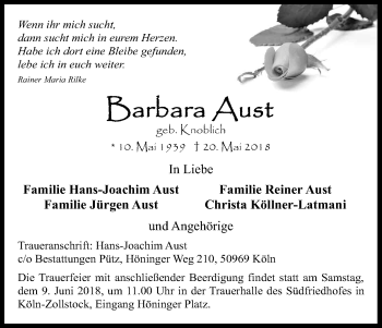 Anzeige von Barbara Aust von Kölner Stadt-Anzeiger / Kölnische Rundschau / Express