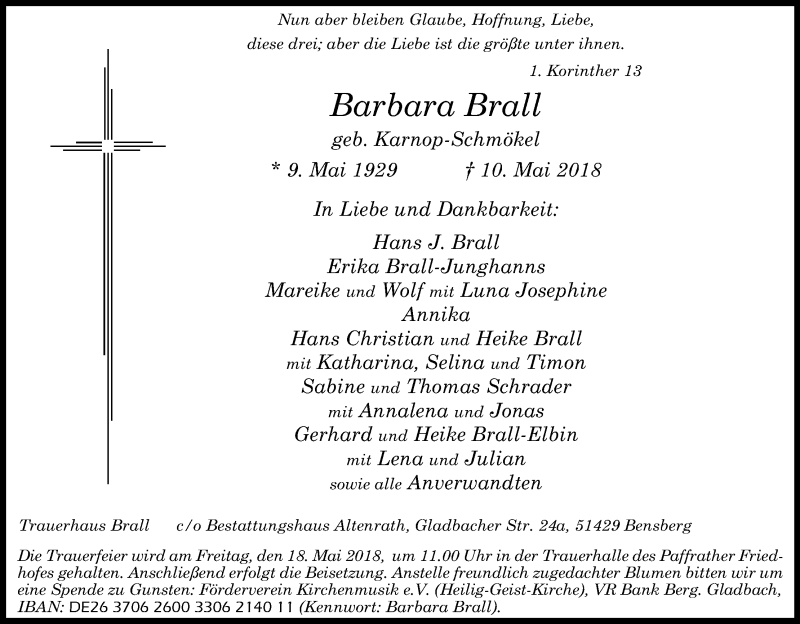  Traueranzeige für Barbara Brall vom 15.05.2018 aus Kölner Stadt-Anzeiger / Kölnische Rundschau / Express