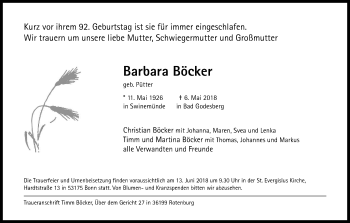 Anzeige von Barbara Böcker von Kölner Stadt-Anzeiger / Kölnische Rundschau / Express