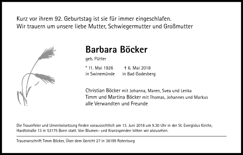  Traueranzeige für Barbara Böcker vom 19.05.2018 aus Kölner Stadt-Anzeiger / Kölnische Rundschau / Express