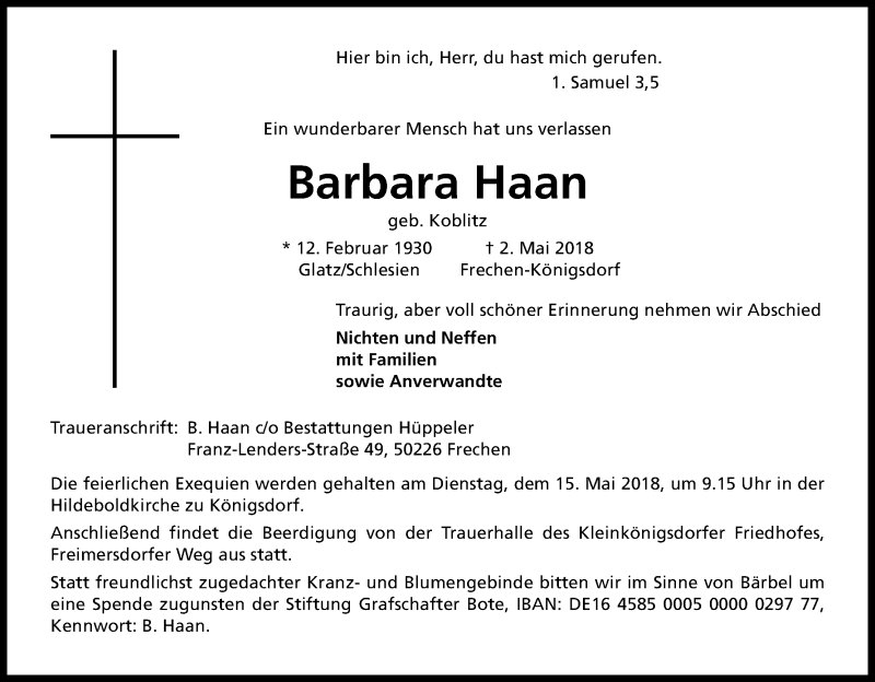  Traueranzeige für Barbara Haan vom 12.05.2018 aus Kölner Stadt-Anzeiger / Kölnische Rundschau / Express