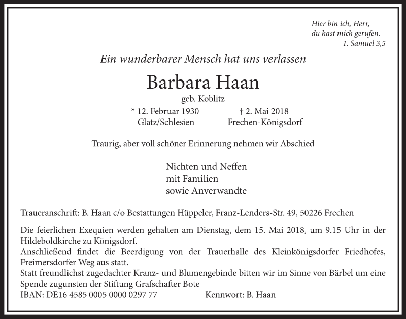  Traueranzeige für Barbara Haan vom 12.05.2018 aus  Sonntags-Post 