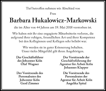 Anzeige von Barbara Hukalowicz-Markowski von Kölner Stadt-Anzeiger / Kölnische Rundschau / Express