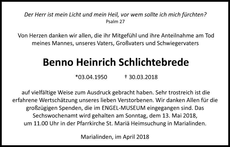  Traueranzeige für Benno Heinrich Schlichtebrede vom 05.05.2018 aus Kölner Stadt-Anzeiger / Kölnische Rundschau / Express