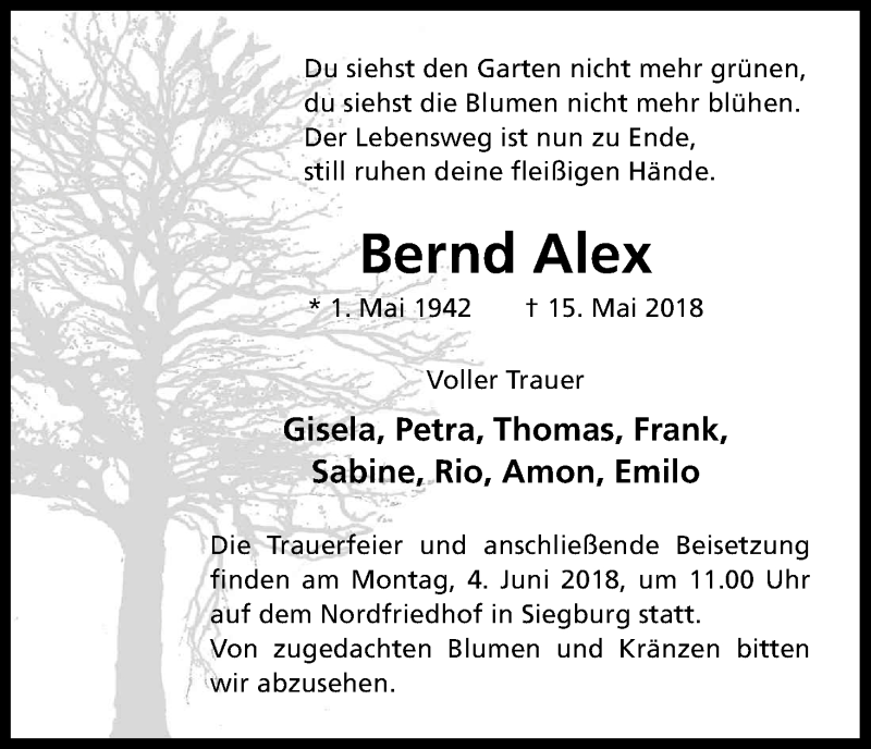  Traueranzeige für Bernd Alex vom 25.05.2018 aus Kölner Stadt-Anzeiger / Kölnische Rundschau / Express