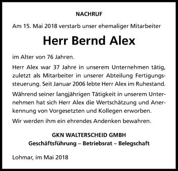 Anzeige von Bernd Alex von Kölner Stadt-Anzeiger / Kölnische Rundschau / Express