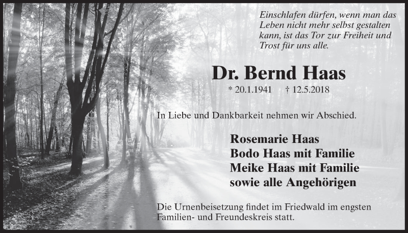  Traueranzeige für Bernd Haas vom 30.05.2018 aus  Schlossbote/Werbekurier 
