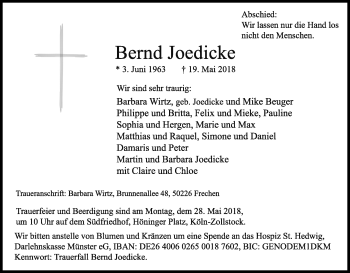 Anzeige von Bernd Joedicke von Kölner Stadt-Anzeiger / Kölnische Rundschau / Express