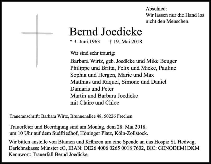  Traueranzeige für Bernd Joedicke vom 26.05.2018 aus Kölner Stadt-Anzeiger / Kölnische Rundschau / Express