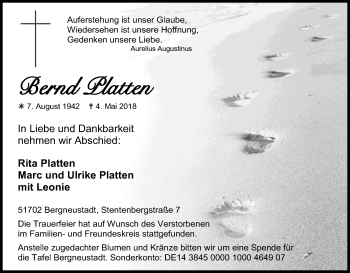 Anzeige von Bernd Platten von Kölner Stadt-Anzeiger / Kölnische Rundschau / Express