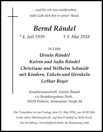 Anzeige von Bernd Rändel von Kölner Stadt-Anzeiger / Kölnische Rundschau / Express