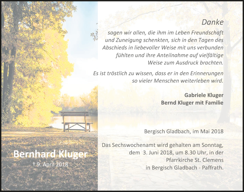  Traueranzeige für Bernhard Kluger vom 23.05.2018 aus  Bergisches Handelsblatt 