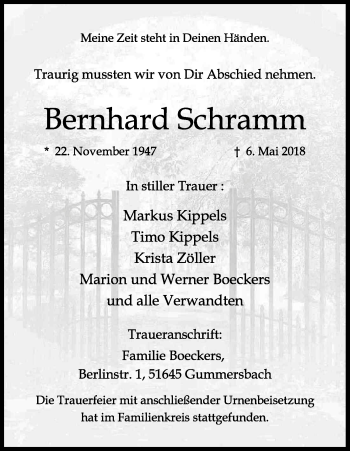 Anzeige von Bernhard Schramm von Kölner Stadt-Anzeiger / Kölnische Rundschau / Express