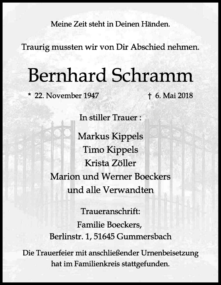  Traueranzeige für Bernhard Schramm vom 19.05.2018 aus Kölner Stadt-Anzeiger / Kölnische Rundschau / Express