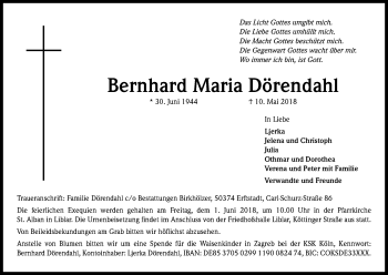 Anzeige von Bernhard Maria Dörendahl von Kölner Stadt-Anzeiger / Kölnische Rundschau / Express