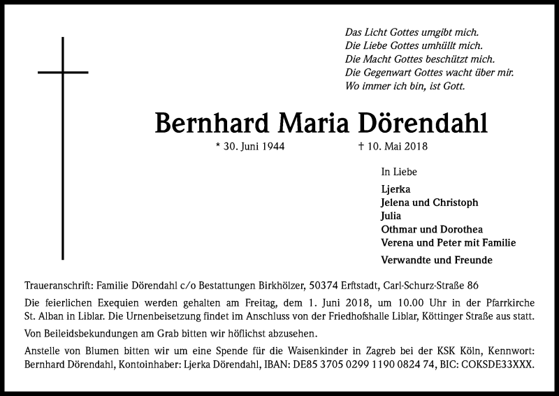  Traueranzeige für Bernhard Maria Dörendahl vom 26.05.2018 aus Kölner Stadt-Anzeiger / Kölnische Rundschau / Express