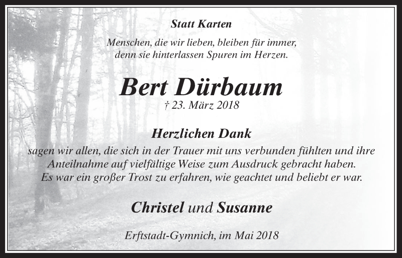 Traueranzeige für Bert Dürbaum vom 16.05.2018 aus  Werbepost 