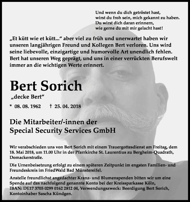  Traueranzeige für Bert Sorich vom 12.05.2018 aus Kölner Stadt-Anzeiger / Kölnische Rundschau / Express
