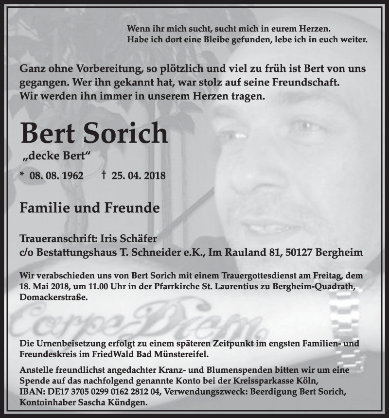  Traueranzeige für Bert Sorich vom 12.05.2018 aus  Sonntags-Post 