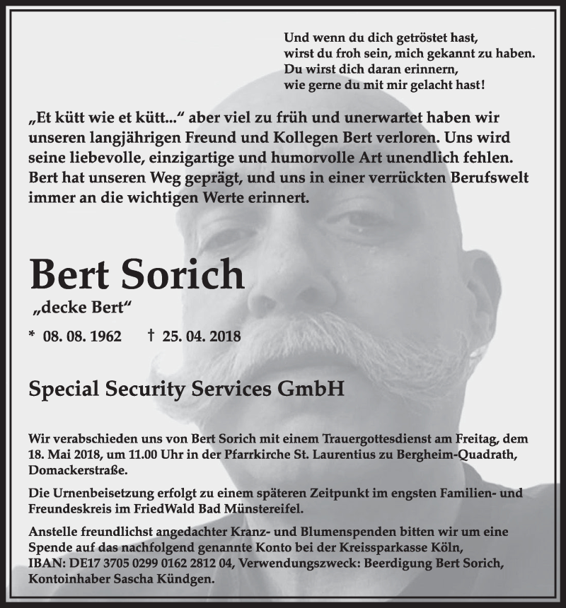  Traueranzeige für Bert Sorich vom 12.05.2018 aus  Sonntags-Post 
