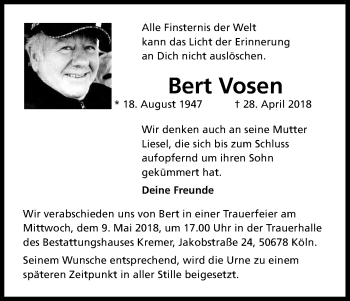 Anzeige von Bert Vosen von Kölner Stadt-Anzeiger / Kölnische Rundschau / Express