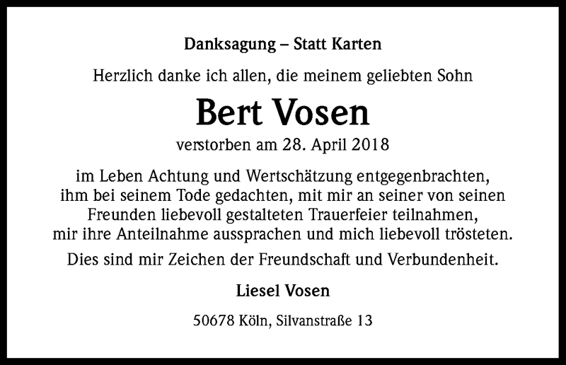  Traueranzeige für Bert Vosen vom 26.05.2018 aus Kölner Stadt-Anzeiger / Kölnische Rundschau / Express