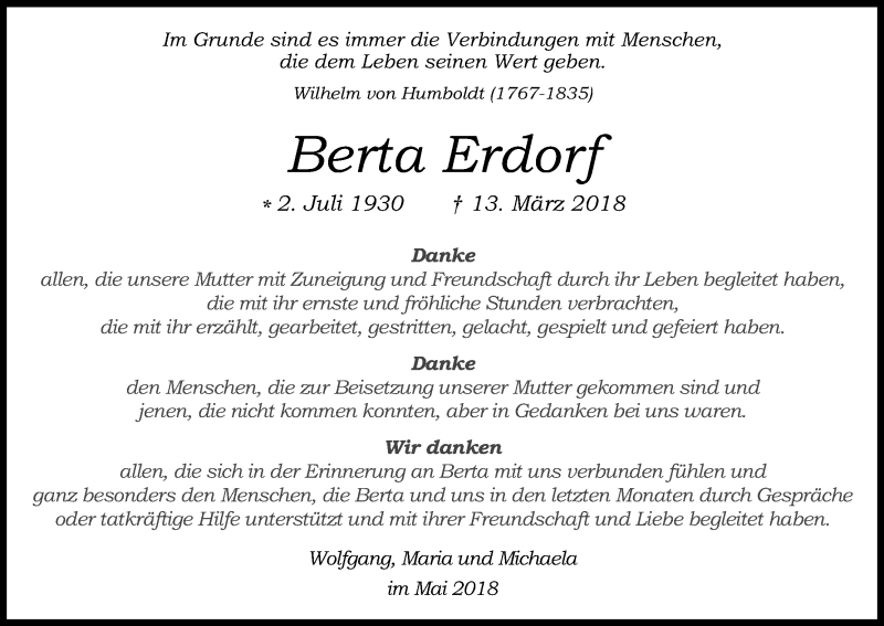  Traueranzeige für Berta Erdorf vom 19.05.2018 aus Kölner Stadt-Anzeiger / Kölnische Rundschau / Express